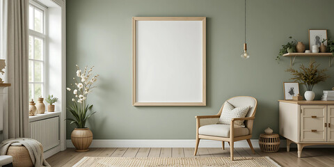 An empty frame poster mockup in a cottage-inspired living room with sage-green walls. A cream wooden frame complements the wall, styled with a cozy armchair, a knitted throw.