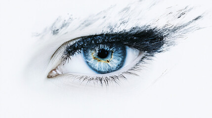 An abstract depiction of a bright blue eye with artistic makeup strokes on a clean white background emphasizing creativity
