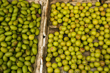 Fruits and vegetables at a local market in Sri lanka. Tropical or exotic fruits on the street in Asia.