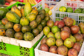 Fruits and vegetables at a local market in Sri lanka. Tropical or exotic fruits on the street in Asia.
