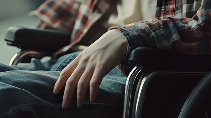 A Person in a Wheelchair, Hands Resting on the Armrest of the Wheelchair, Illustrating Determination and the Spirit of Mobility