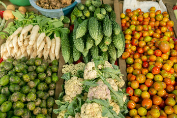 Fruits and vegetables at a local market in Sri lanka. Tropical or exotic fruits on the street in Asia.