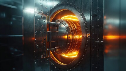 Glowing Orange Interior of a Futuristic Bank Vault Door