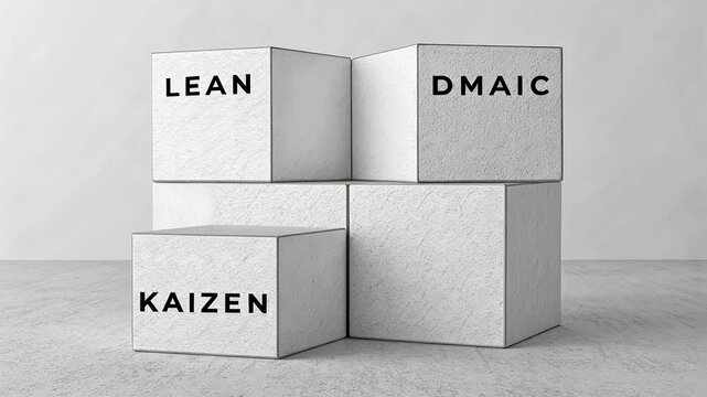 Six Sigma and DMAIC concept. Blocks with Lean, DMAIC, and Kaizen text on a surface.