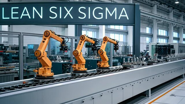 Six Sigma and DMAIC concept. Industrial robots in a factory setting promoting Lean Six Sigma.