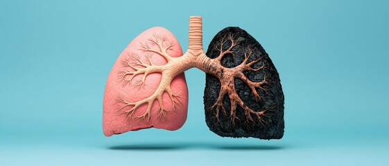 Healthy pink lung illustration next to a charred, blackened lung, a striking comparison