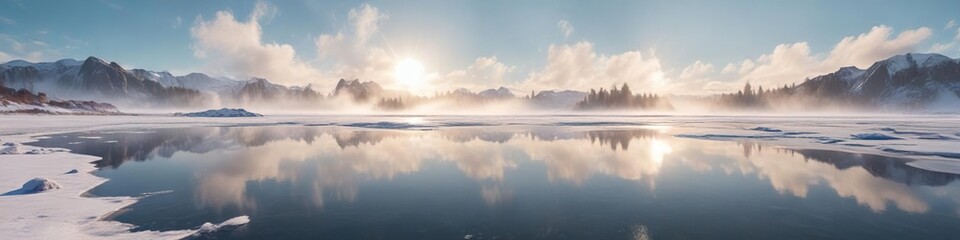 Obraz premium Billow of white vapor rising from the surface of a frozen lake on a cold winter day, winter wonderland, frosty air, snowy scenery