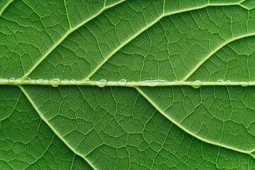 Macro shot of water beading on a leaf vein, demonstrating the path of moisture during transpiration