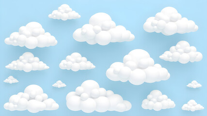 Cartoon 3d clouds. Cumulus bubbled clouds in kids style, white fluffy render objects, rounded geometric cloudy shapes, cute weather element, meteorology icons, cloudscape. Generative AI