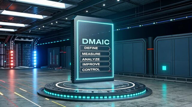 Lean Six sigma and DMAIC concept. Futuristic display of DMAIC process in a tech environment.
