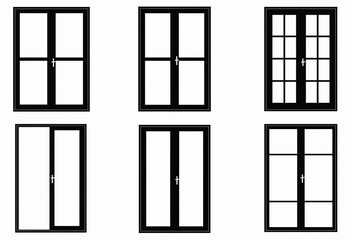 Different Style Window Frames: Minimalist 2D, Simple Black Outlines, Flat Design, Individual Elements, No Background, Clean Vector, Modern Icons, Window Set.

