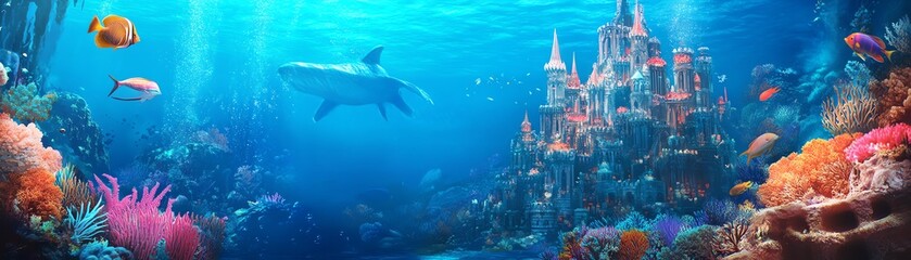 Enchanted underwater scene with a majestic castle, vibrant coral reef, playful fish, and a graceful shark. Perfect for fantasy, fairytale, and marine themes.