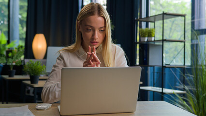 Caucasian female business girl manager worker ceo executive businesswoman at office desk focused...