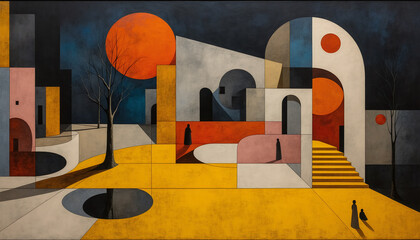 A cubist painting of a cityscape with geometric shapes and figures.