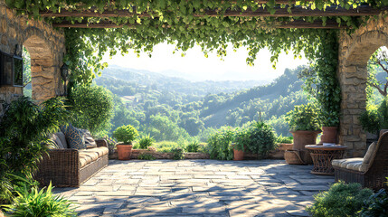 Beautiful Mediterranean outdoor patio with stone flooring, lush greenery, potted plants, and wicker furniture overlooking scenic countryside landscape under a vine-covered pergola