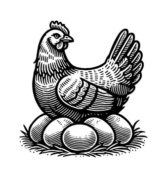 recommend clip art: hen chicken egg engraving black and white outline