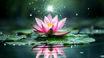 Beautiful pink lotus flower blooming in serene water with droplets illuminating the tranquil atmosphere