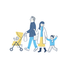 笑顔で歩く冬服の4人家族