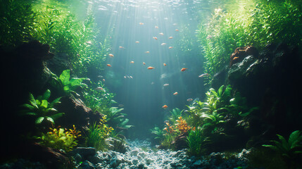 Fototapeta premium Beautifully Designed Aquascape Aquarium with Driftwood, Lush Aquatic Plants, and Unique Submerged Forest Landscape, Creating a Natural and Serene Underwater Environment 