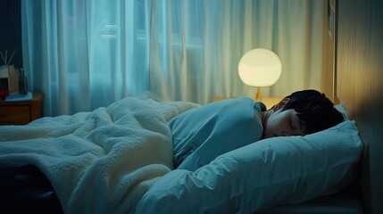 Person sleeping peacefully in bed, surrounded by soft pillows and a cozy blanket. Tranquility and restful sleep as a symbol of rejuvenation and mental well-being.
