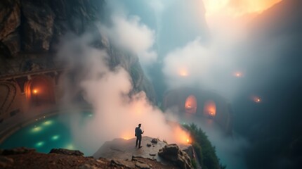 A solitary figure gazes at a mystical hot spring nestled in a misty mountain valley.