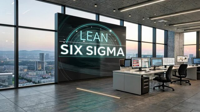 Six Sigma and DMAIC concept. Modern office with Six Sigma display and city view.