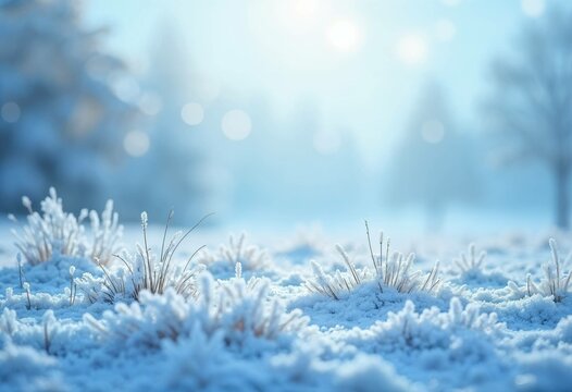 Winter landscape with frosty grass covered in snow, soft sunlight, and blurred trees in the background.
