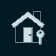 Line House with key icon isolated on black background. The concept of the house turnkey. Flat filled outline style with shadow. Vector