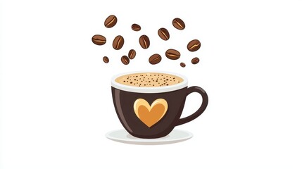 Obraz premium Aromatic Coffee Cup with Heart Design and Floating Beans Cafe Beverage Illustration