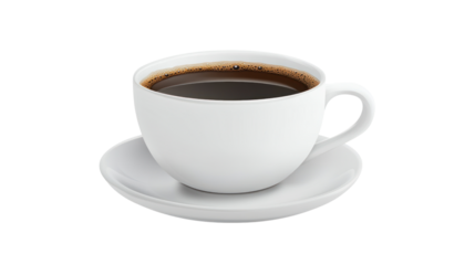 A classic white coffee cup filled with steaming hot coffee on a matching saucer, perfect for a morning boost or afternoon break.