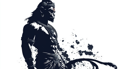Black and white silhouette of a powerful hanuman figure for hanuman Jayanti