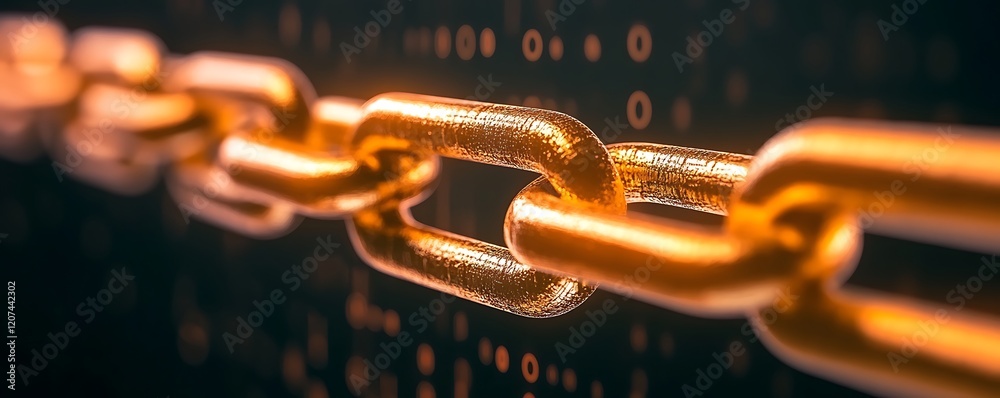 Poster golden chain links interlocking against a dark, binary-coded background
