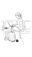 A traveler working on a laptop at an airport lounge, with a suitcase and passport nearby