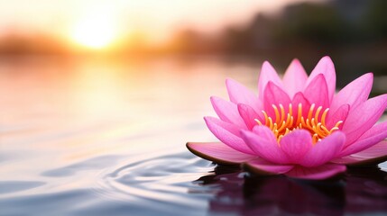 Serene Pink Water Lily Floating on Calm Water at Sunset