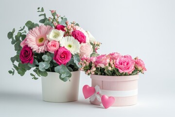 Happy Valentine's Day Gifts with Roses Bouquet on White Background Photo.