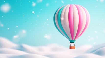 Pink and Teal Hot Air Balloon Soaring Over Snowy Winter Landscape