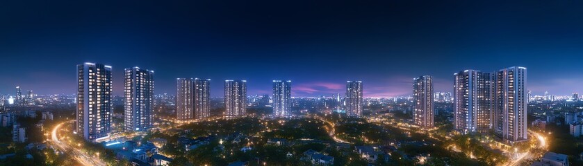 Obraz premium Stunning night cityscape panorama. Modern skyscrapers illuminated against a twilight sky. Ideal for real estate, architecture, and urban development projects.
