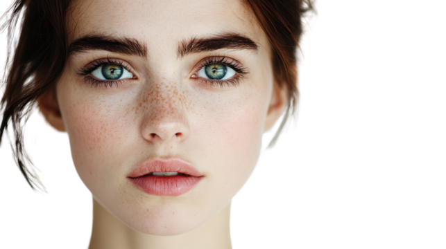 A close-up portrait of a young woman with striking green eyes and natural makeup, exuding a sense of calm and confidence against a simple background.