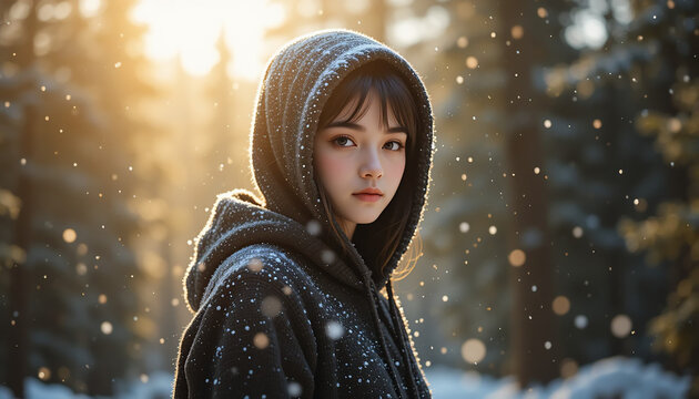 A young person wrapped in a warm, dark hoodie, standing in a serene winter landscape with snowflakes gently falling around them, as bright yellow sunlight filters in from the right side, casting a bea