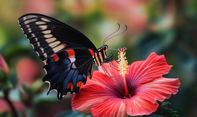 Colorful butterfly on a red hibiscus flower.
