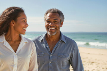 Obraz premium Happy elderly African American couple walking on a sandy beach
