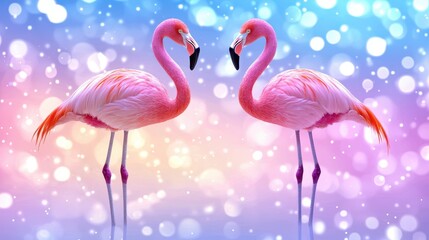 Obraz premium Two Pink Flamingos Facing Each Other on a Pastel Bokeh Background Romantic Bird Couple