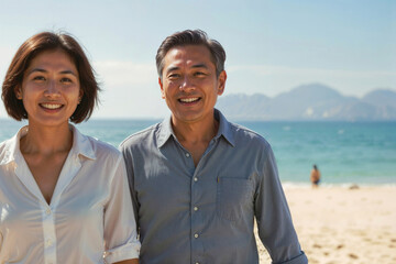 Portrait of happy Middle-aged Asian couple walking on a sandy beach