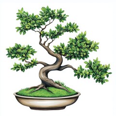 Bright Watercolor Clipart of a Cascading Bonsai Tree in a Decorative Pot, Ideal for Creative Projects