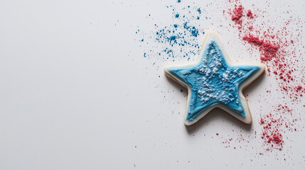 Fototapeta premium A plain, white backdrop with one star-shaped cookie cutter, dusted with blue and red.