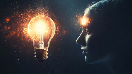 a woman&rsquo;s profile with a glowing light bulb floating in front symbolizing inspiration and creativity on a dark background
