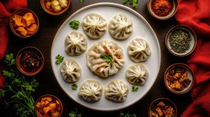 Title: Traditional Jiaozi (Chinese Dumplings) Artfully Arranged in Flat Lay on Table. Celebrating Lunar New Year. Chinese New Year Festivities. Asian Traditional Delicacies.