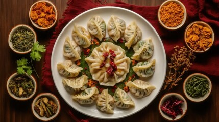 Title: Traditional Jiaozi (Chinese Dumplings) Artfully Arranged in Flat Lay on Table. Celebrating Lunar New Year. Chinese New Year Festivities. Asian Traditional Delicacies.