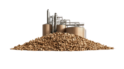 A collection of industrial silos and equipment set on a mound of material. Ideal for illustrating manufacturing and production themes.