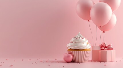 A 3D banner template featuring a cupcake, balloons, and a gift box on a simple pink background. Perfect for Mother's Day or Valentine's Day celebrations.